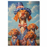 Vizsla Dog Family in Patriotic Outfits and Star Hats with Blue Sky and Clouds for Fourth of July Celebration on Ready to Hang 1.5" Thick Canvas Wrap, Floating Framed Canvas, Flat Rolled Canvas